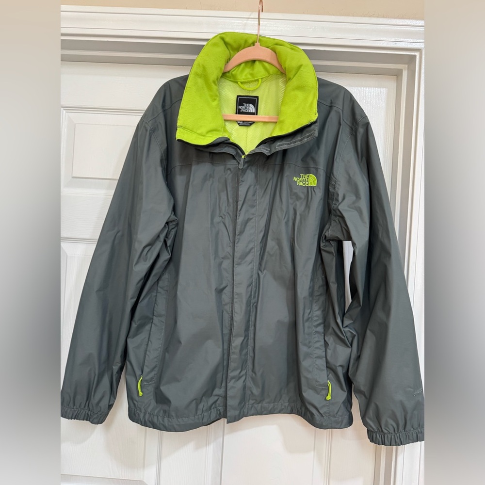 The North Face Gray and Neon Green Rain Jacket With hideaway hood